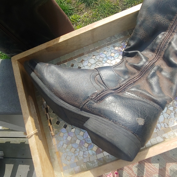 Women's biker goth y2k distressed knee high brown rustic zip tall boots 7? - Picture 5 of 13